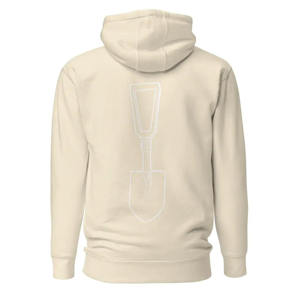 Cream-colored kenttälapio huppari with subtle white shovel outline on the back in soft fabric