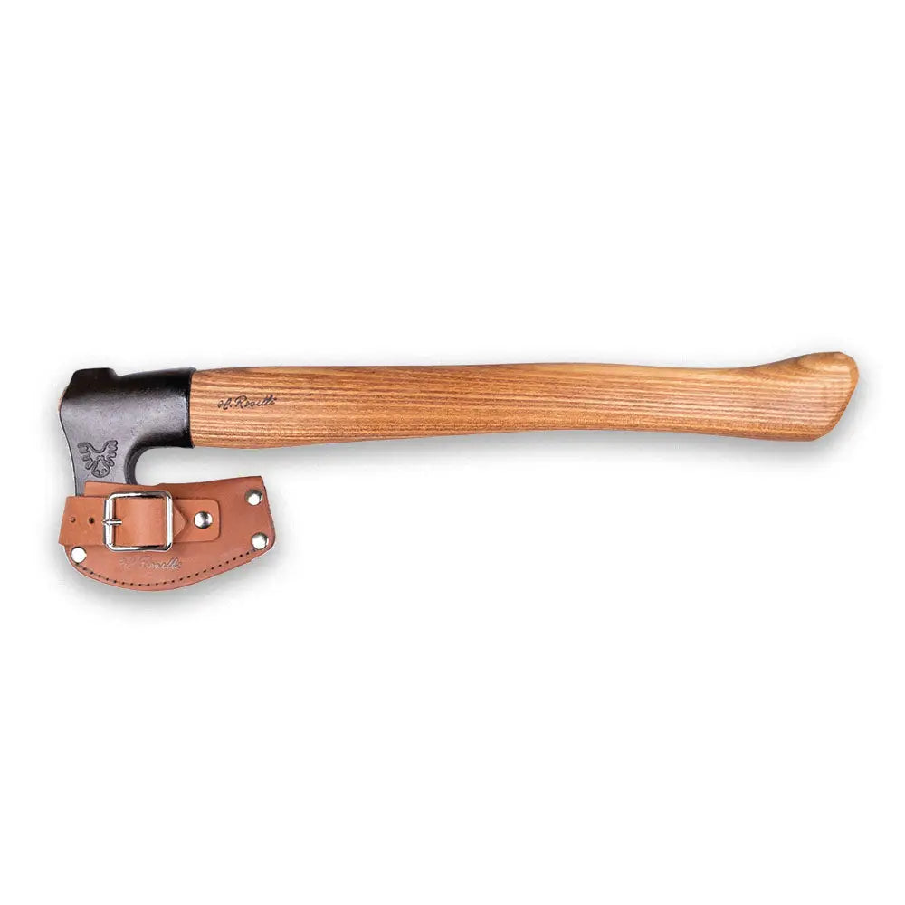 A sleek kirves pitkävartinen punajalava axe with a polished wooden handle and black metal head in a brown leather sheath