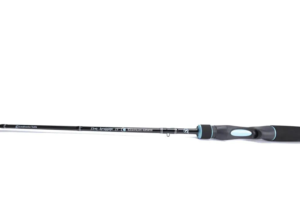 Black and light blue körmy-hyrrävapa casting rod by kalastajan kanava with textured grip for fast casting 7.0 inch