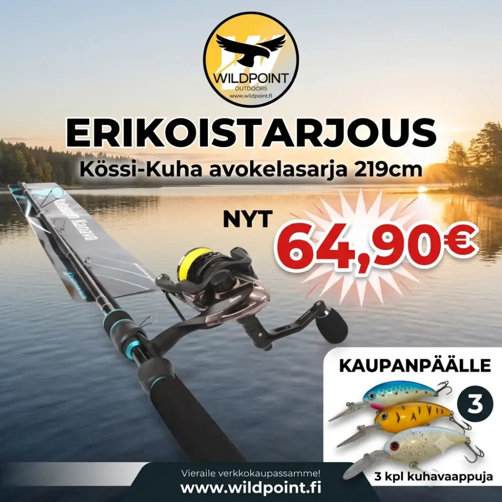 Musta ja petroolinsininen kössi-kuha avokelasarja 219cm kalastusvapa ja kela wildpoint outdoorsilta