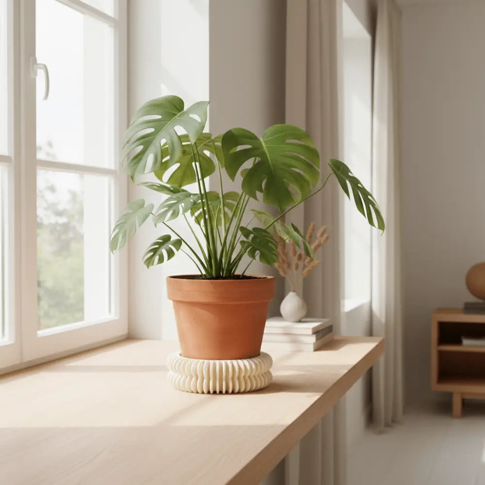 Kukkaruukun alunen valkoinen pyöreä teksturoitu, jossa vihreä monstera terrakottaruukussa