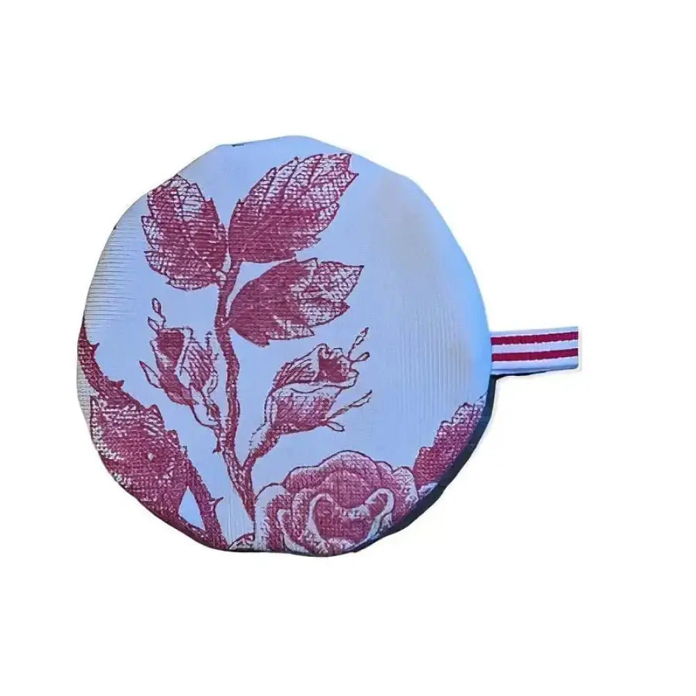 Light blue circular kuulokepussi with burgundy floral print and striped ribbon handle for headphone storage