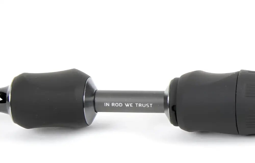 Black ergonomic fishing rod handle with matte finish and engraved in rod we trust on the la moustique lm-s 210sul avokelavapa shaft