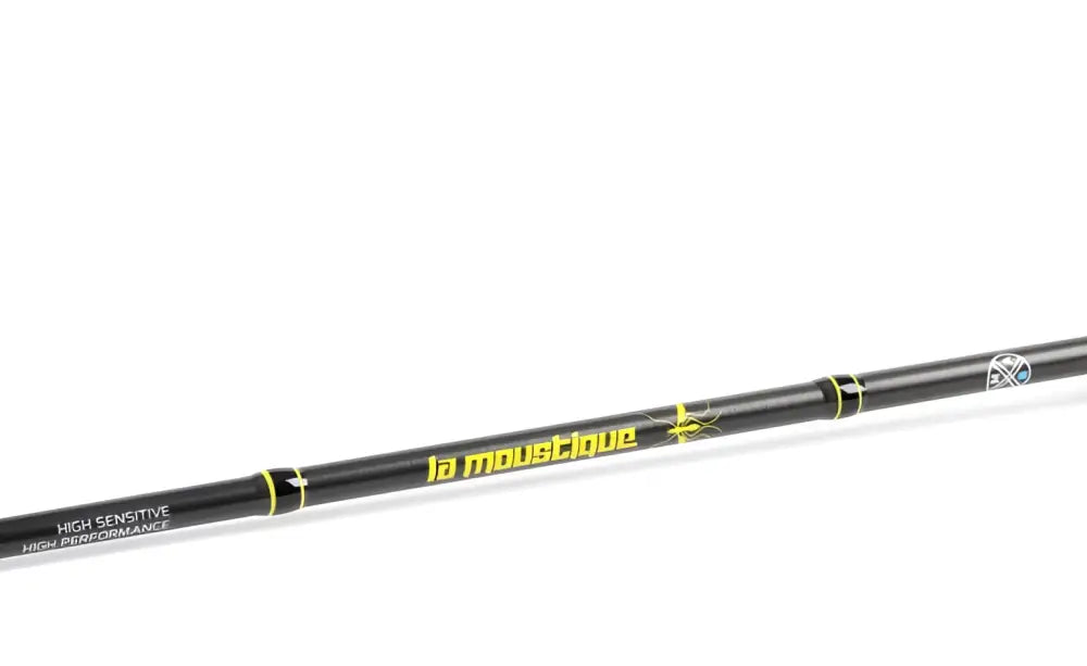 Black la moustique lm-s 210ul avokelavapa fishing rod with yellow branding and accents for light fishing