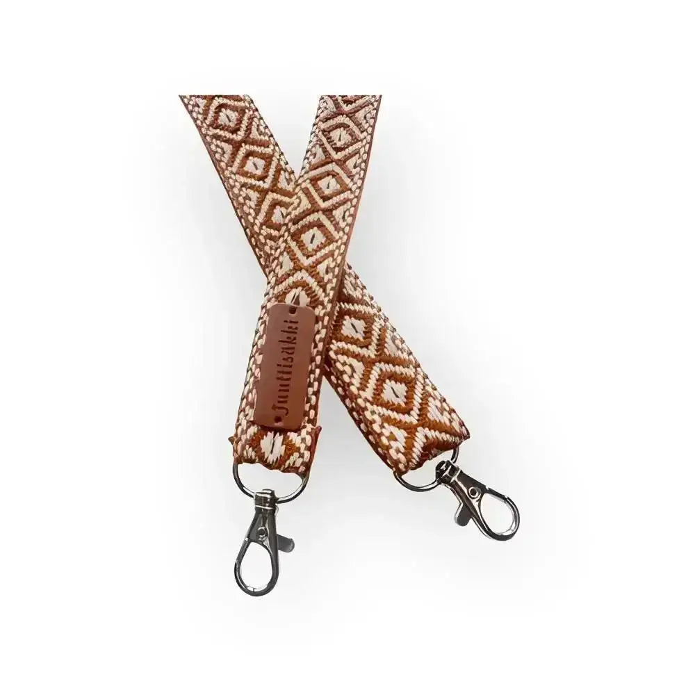 Laukun olkahihna ethnic ruskea ja kermanvärinen geometrinen kuvioitu kudottu hihna nahka- ja metalliosilla
