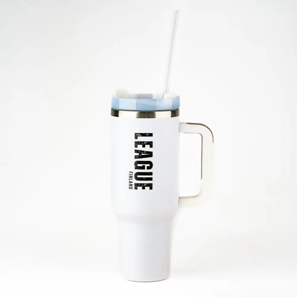 White insulated iso termosmuki with handle featuring black league finland text and light blue lid with clear straw