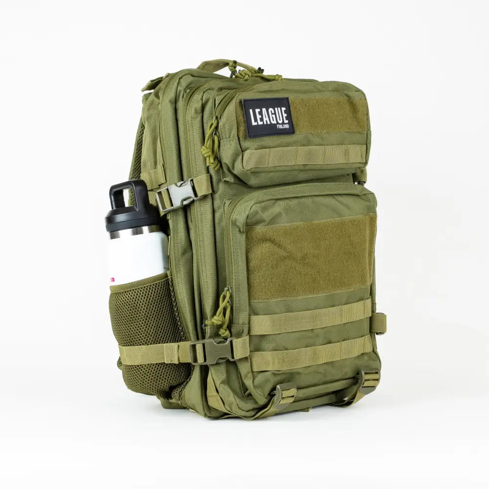 Olive green tactical backpack league patch urheilureppu 45l with multiple compartments and black league finland patch on front