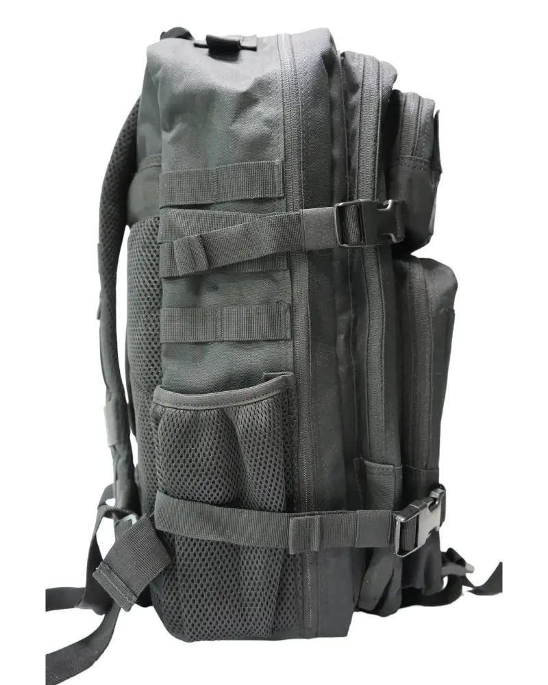 Dark gray tactical LEAGUE patch backpack urheilureppu 45L with multiple compartments mesh side pockets and adjustable straps