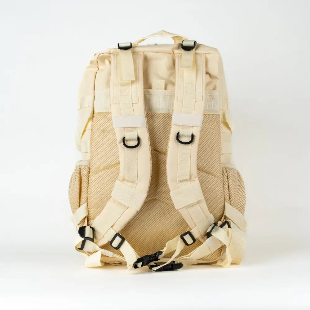 Beige league patch backbag urheilureppu 45l taktinen reppu verkkopaneeleilla ja mustilla muovilukoilla