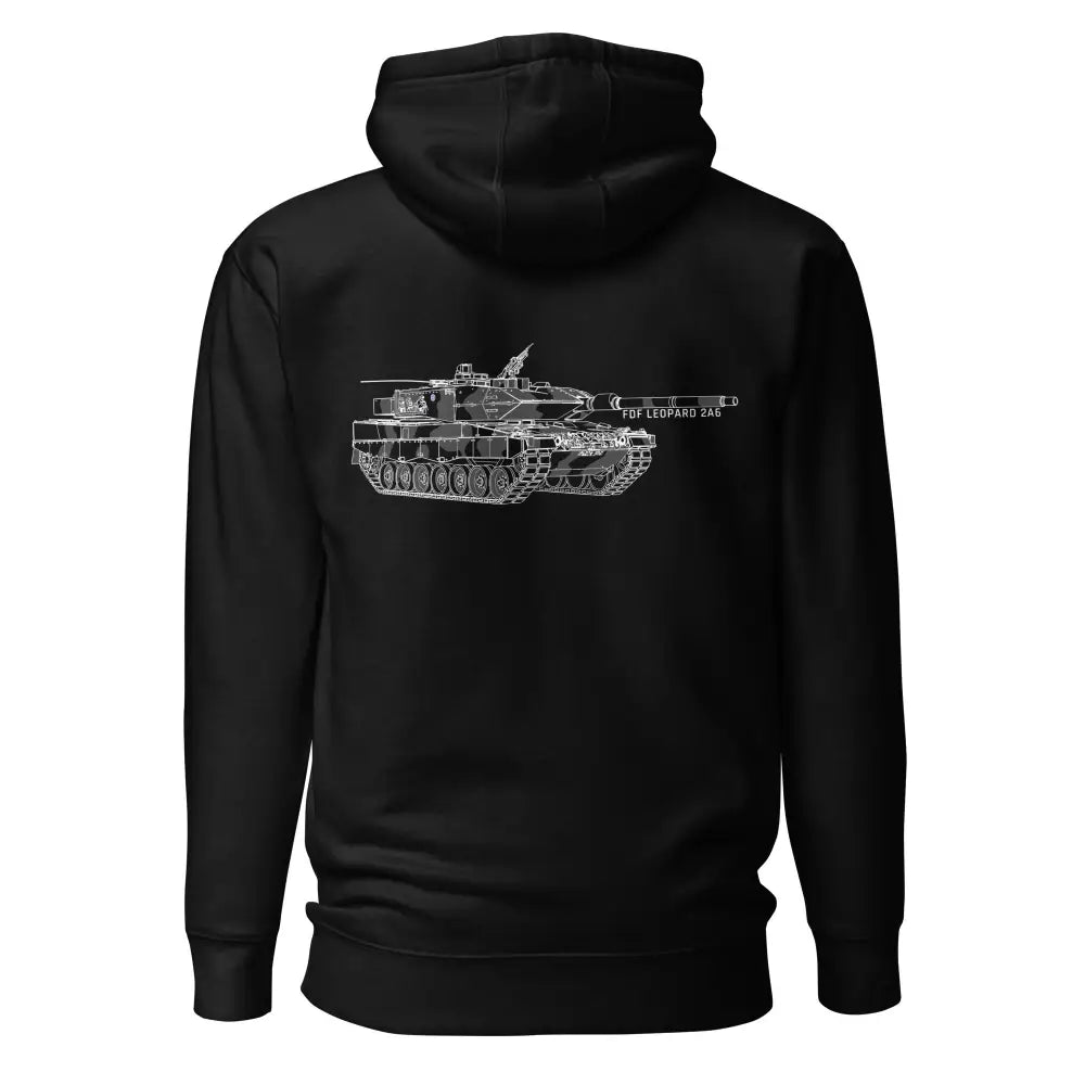 Musta leopard 2a6 huppari valkoisella viivapiirroskuvalla f12 leopard 2a6 -tankista takana
