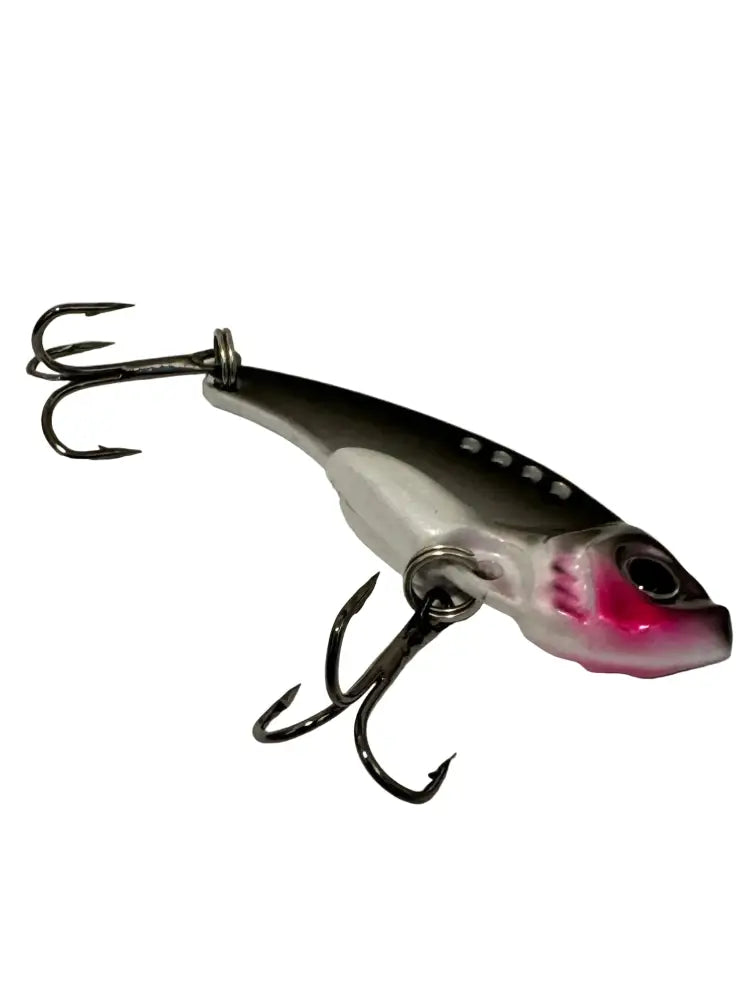 Luomu blade ahvenelle 5cm 10g hopeanvärinen ja läpikuultava vene pyrstö pinkillä suulla ja mustalla silmällä