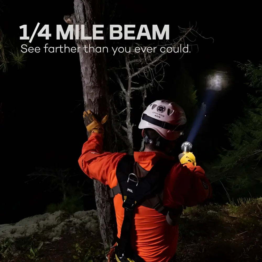 A rugged silver-colored luxtreme sl 25 r headlamp with a bright beam illuminating a dark forest ahead