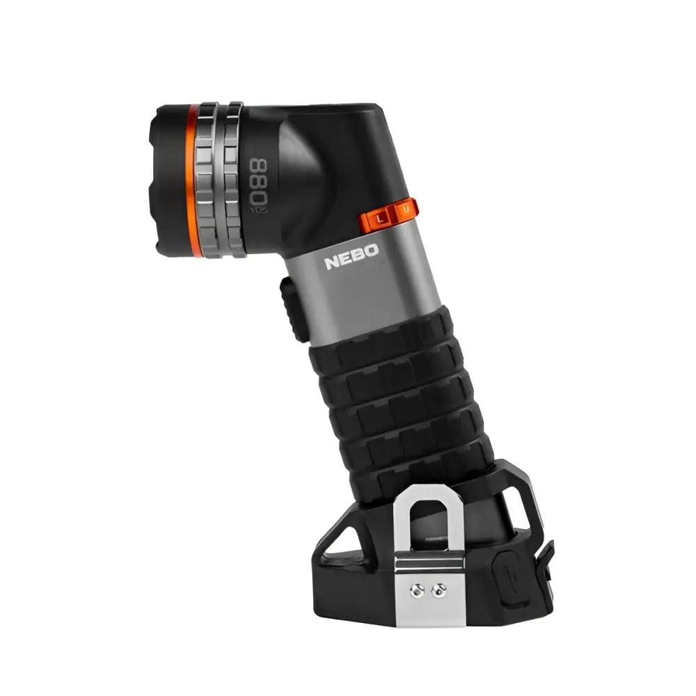 Black and silver Nebo 088 led work light with textured grip and orange accent ring in Luxtreme SL 50 1/2 mile 800m