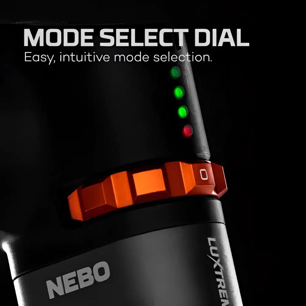Black and orange mode select dial with green led indicators for nebo luxtrek flashlight luxtreme sl 75 product