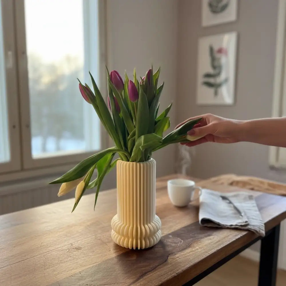 Creamvärinen ribbattu keraaminen maljakko, jossa purppuran- ja keltaisten tulppaanien kimppu