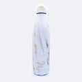Meribottles arctic gold 750 ml on tyylikäs valko-kultainen marmorikuvioitu ruostumattomasta teräksestä valmistettu juomapullo hopeisella logolla