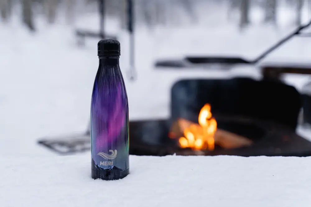A sleek iridescent purple and blue meri aurora borealis 500 ml stainless steel water bottle with black cap