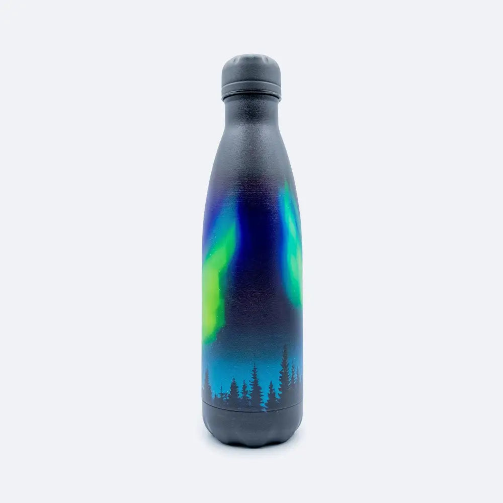A sleek black stainless steel water bottle with aurora borealis design and pine tree silhouettes meribottles 500 ml