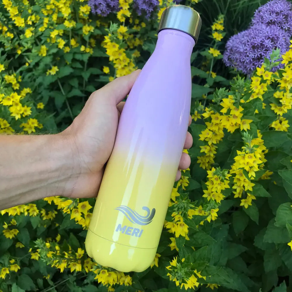 A sleek gradient-colored stainless steel meribottles bubblegum 500 ml water bottle with a silver cap and meri logo