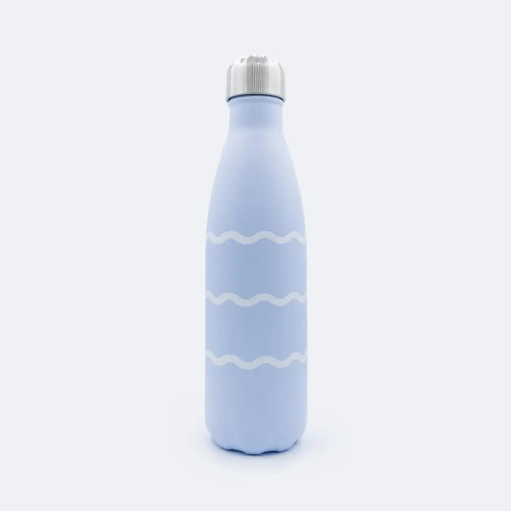 A light blue meribottles life at sea 500 ml insulated water bottle with silver screw-top lid and white wavy lines