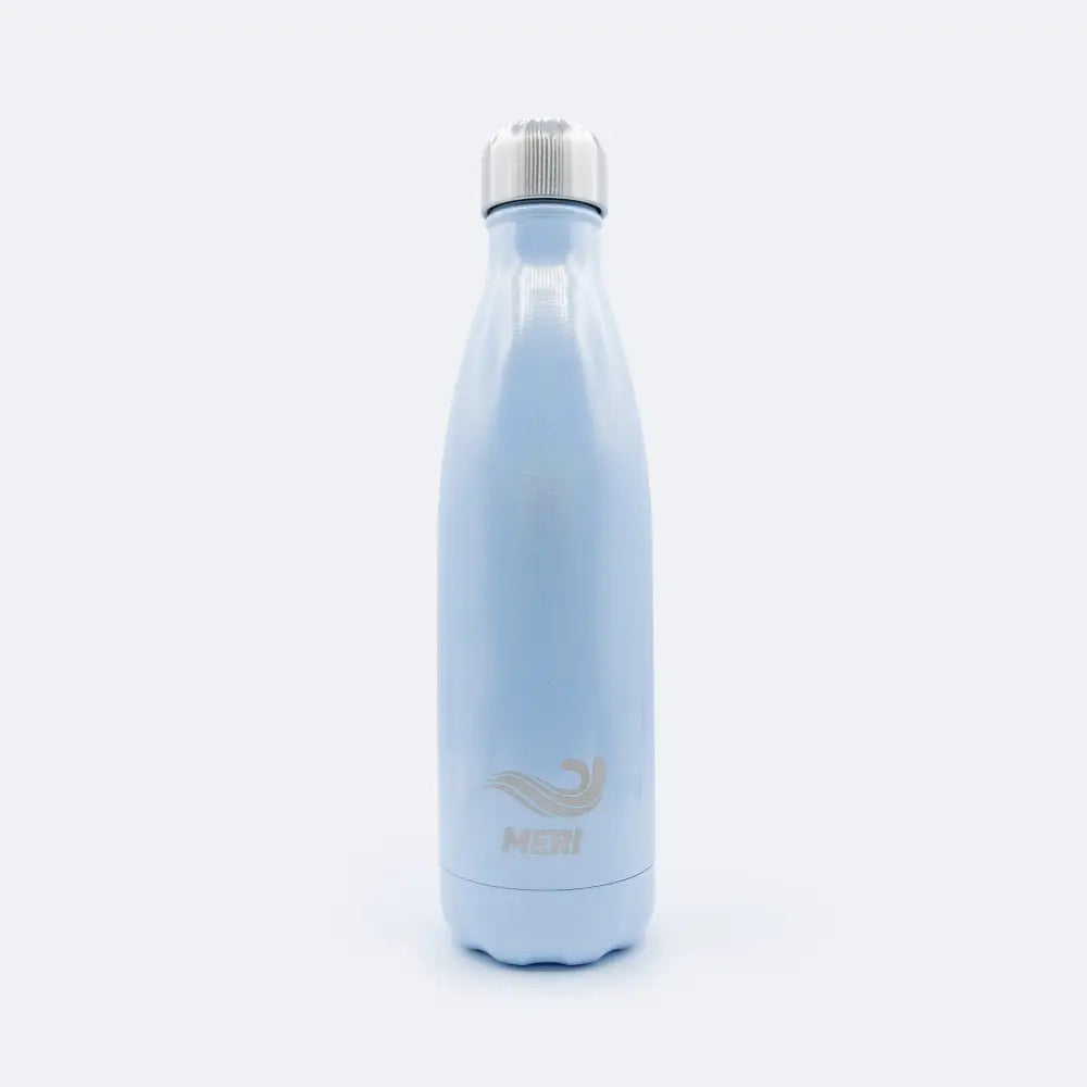 Light blue metallic meribottles mermaid 500 ml water bottle with silver screw-on cap and meri logo etched near base