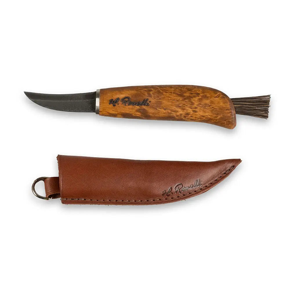 Mushroom knife ruskeassa nahkaisessa tuppeessa metallirenkaalla ja ommelluilla reunoilla veitseen
