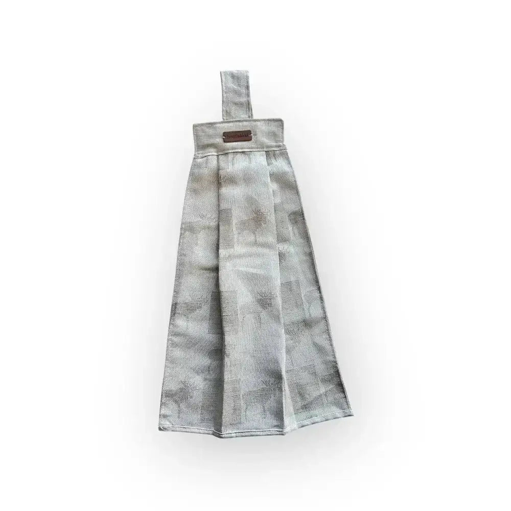 Gray pleated denim dish towel with brown leather tag näppipyyhe hirvi product image