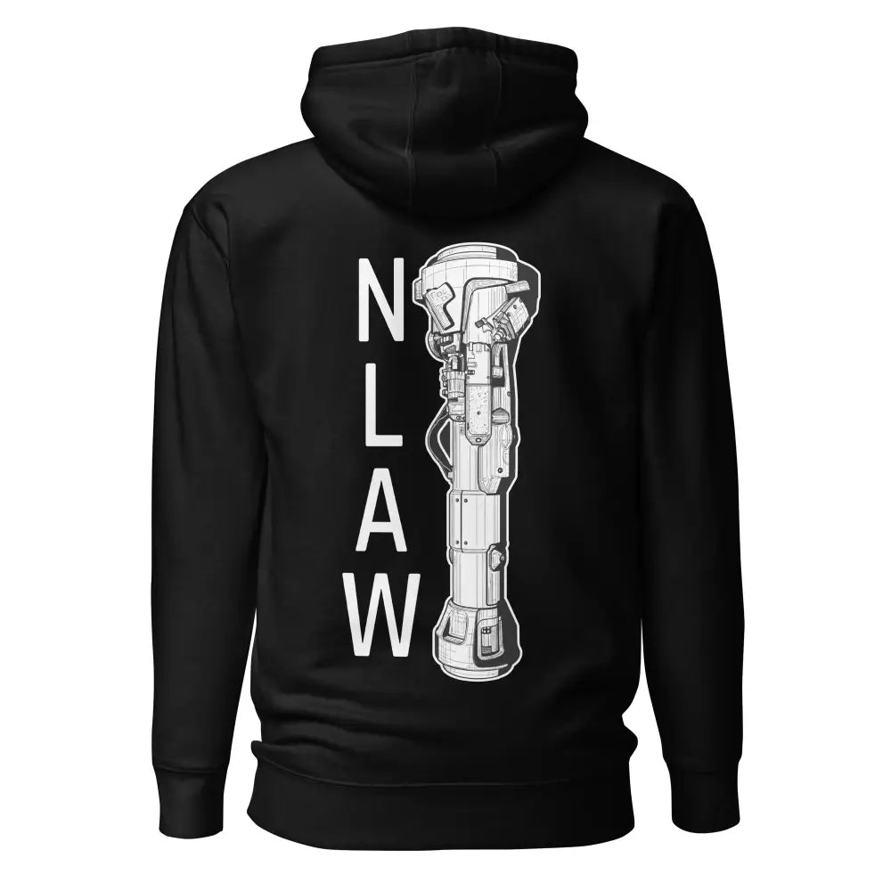 Mustan nlaw hupparin takapuoli, jossa valkoinen viivapiirros n law raketinheittimestä ja pystysuora n law teksti