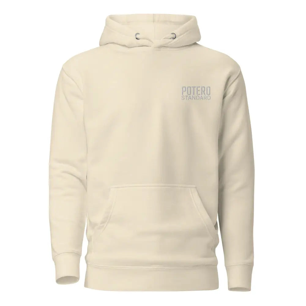 Cream-colored cotton nlaw huppari with subtle potero standaro logo embroidered on the chest