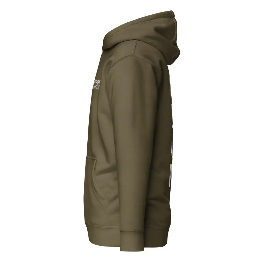 Olive green nlaw huppari valkoisella tekstillä vasemmassa rinnassa ja hihassa, hupulla varustettu