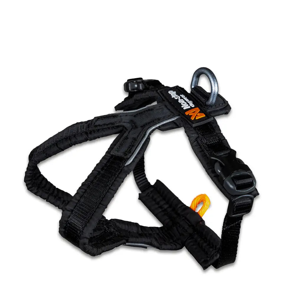Non-stop line harness valjas 5.0 black musta koiran valjas oranssilla logolla ja hopeisella metallisella d-renkaalla