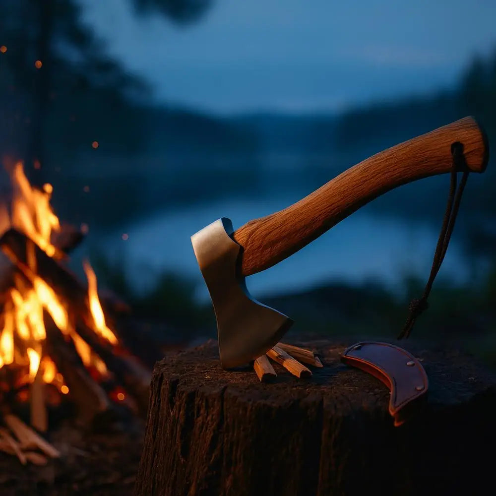 Rustiikkinen nordic kirves 27 cm 700 g kiillotetulla puukahvalla ja metalliterällä puukantojalla nuotion vieressä nahkasuojuksella