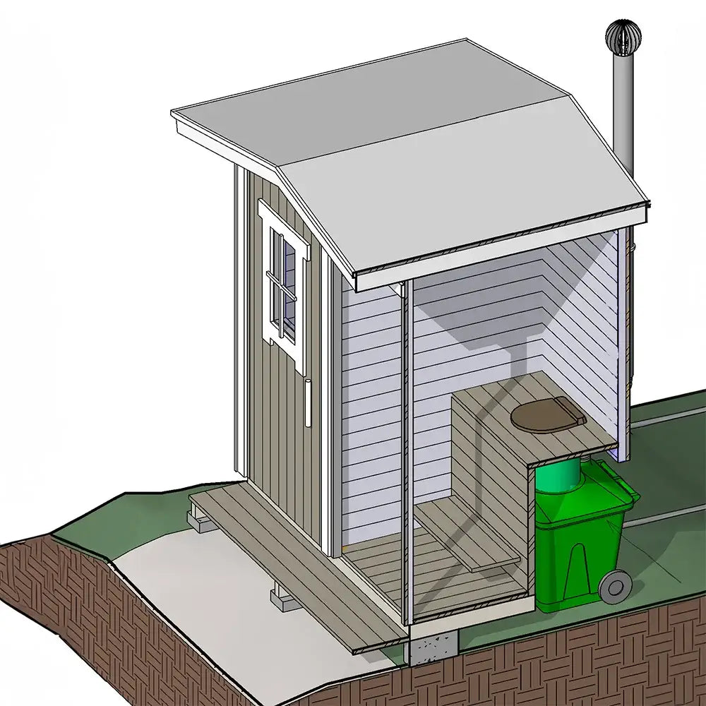 Gray wooden sauna interior featuring a paketti green toilet 120 family green composting toilet and exchange container