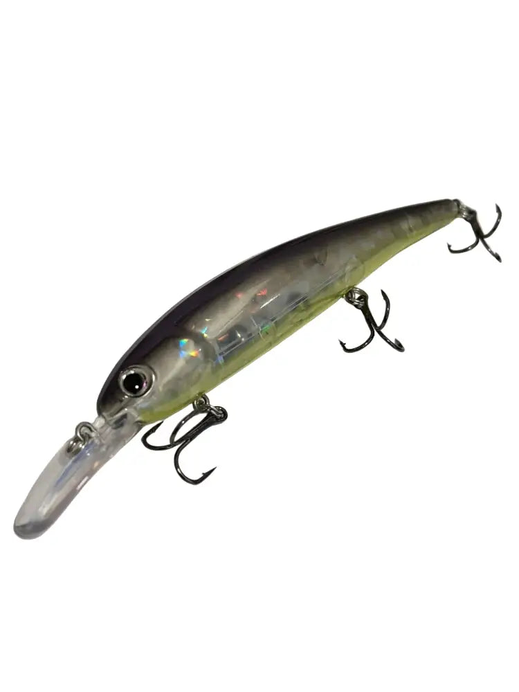 Pilivine kuhavaappu 15cm läpikuultava vihreäsävyinen hopeinen minnow-tyylinen viehe kolmella mustalla kolmoishoukulla