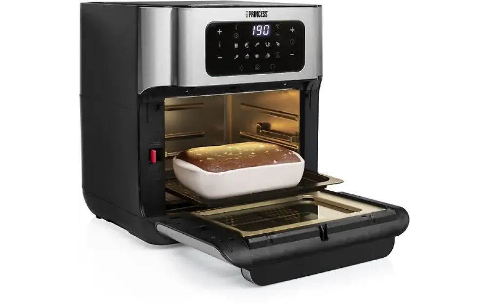 Princess aerofryer oven airfryer miniuuni musta ja ruostumaton teräs digitaalinäytöllä 190 astetta valkoisella keraamisella astialla kullanruskeaa ruokaa varten