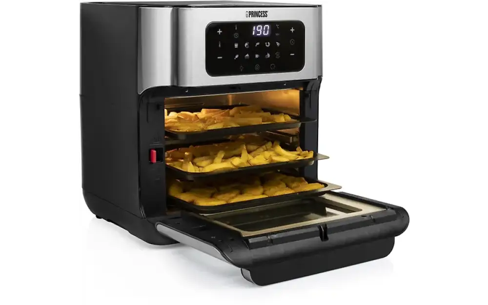 Mustavaharmaa princess aerofryer oven airfryer miniuuni kolmella täytetyllä ranskalaisten perunoiden tasolla