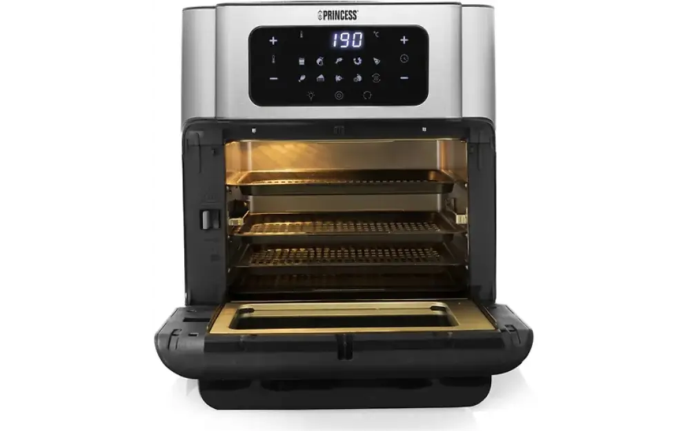 Silver and black princess aerofryer oven airfryer miniuuni with digital display showing 190 degrees Celsius