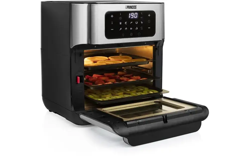 Musta ja hopea princess aerofryer oven airfryer miniuuni digitaalisella näytöllä ja kolmella ruokatasolla