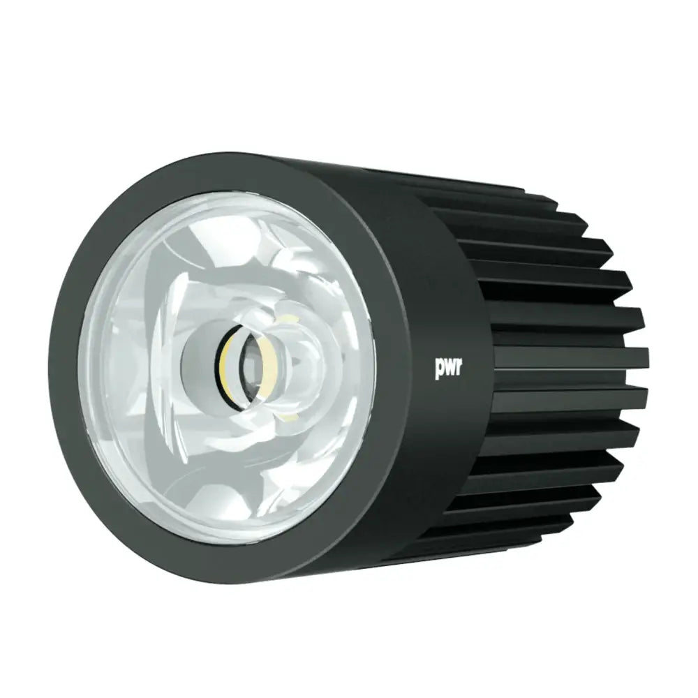 Black pwr brand led work light with cylindrical body and heat dissipating fins in pwr flashlight lighthead 900l