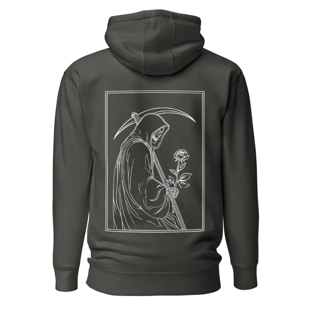 Dark gray reaper huppari with a white line-art grim reaper holding a rose graphic on the front