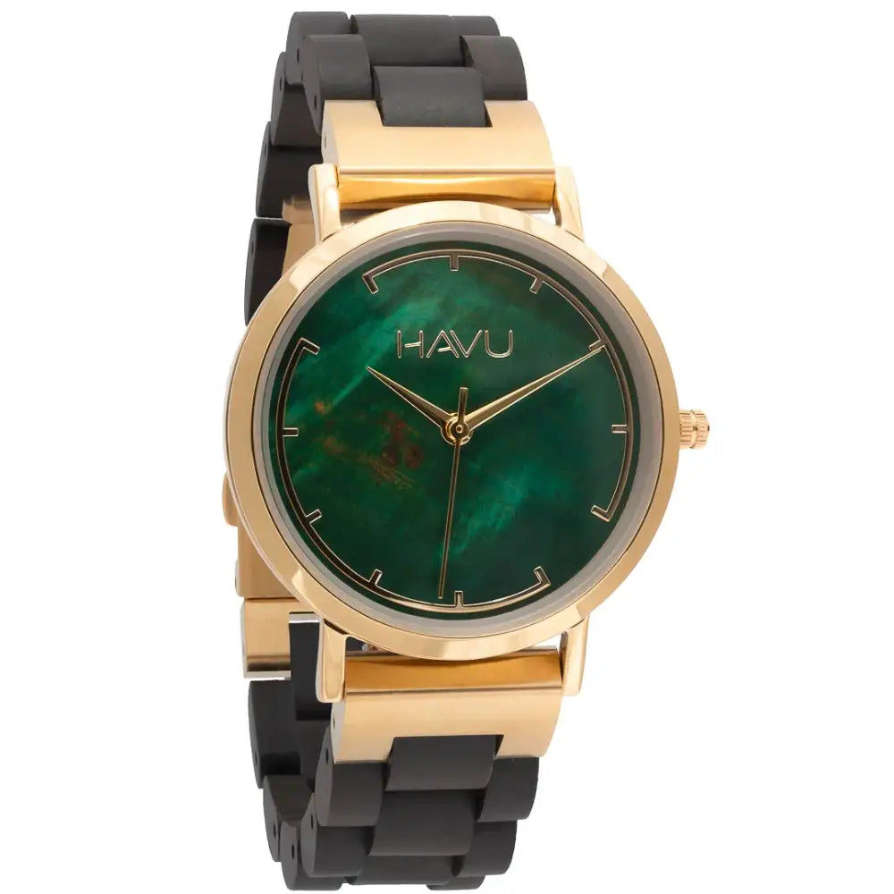 A sleek havu watch revontuli eebenpuu 32mm with a vibrant green malachite dial gold-tone hands casing and black silicone strap
