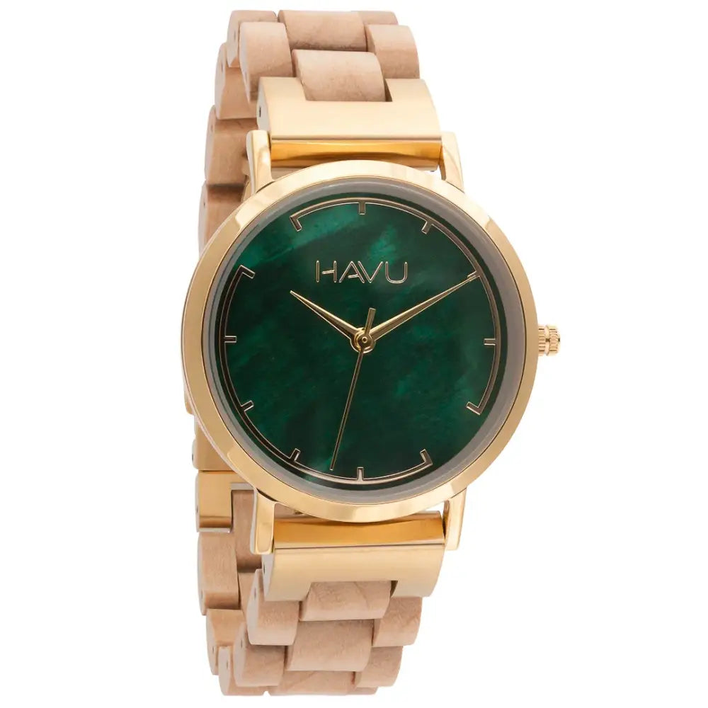 Revontuli koivu 32mm kello kultasävytettynä syvän vihreällä marmoroidulla kellotaululla ja vaalealla puukuvioisella rannekkeella