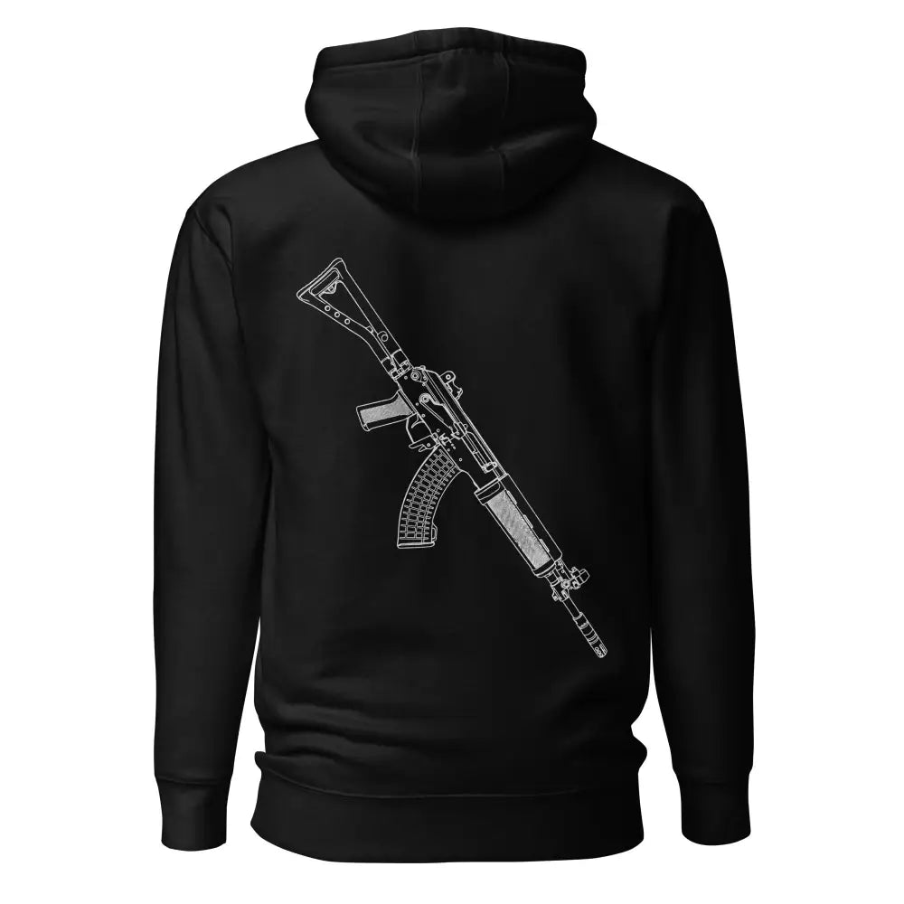 Black rk-95 huppari takaa valkoisella ak-47 viivapiirroskuvalla pehmeästä materiaalista
