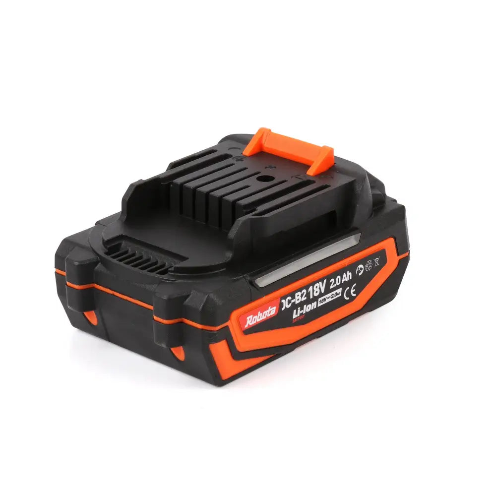 Black and orange robota dc-b2 18v 2ah lithium-ion akku jossa on teksturoitu kahva ergonomiseen käyttöön