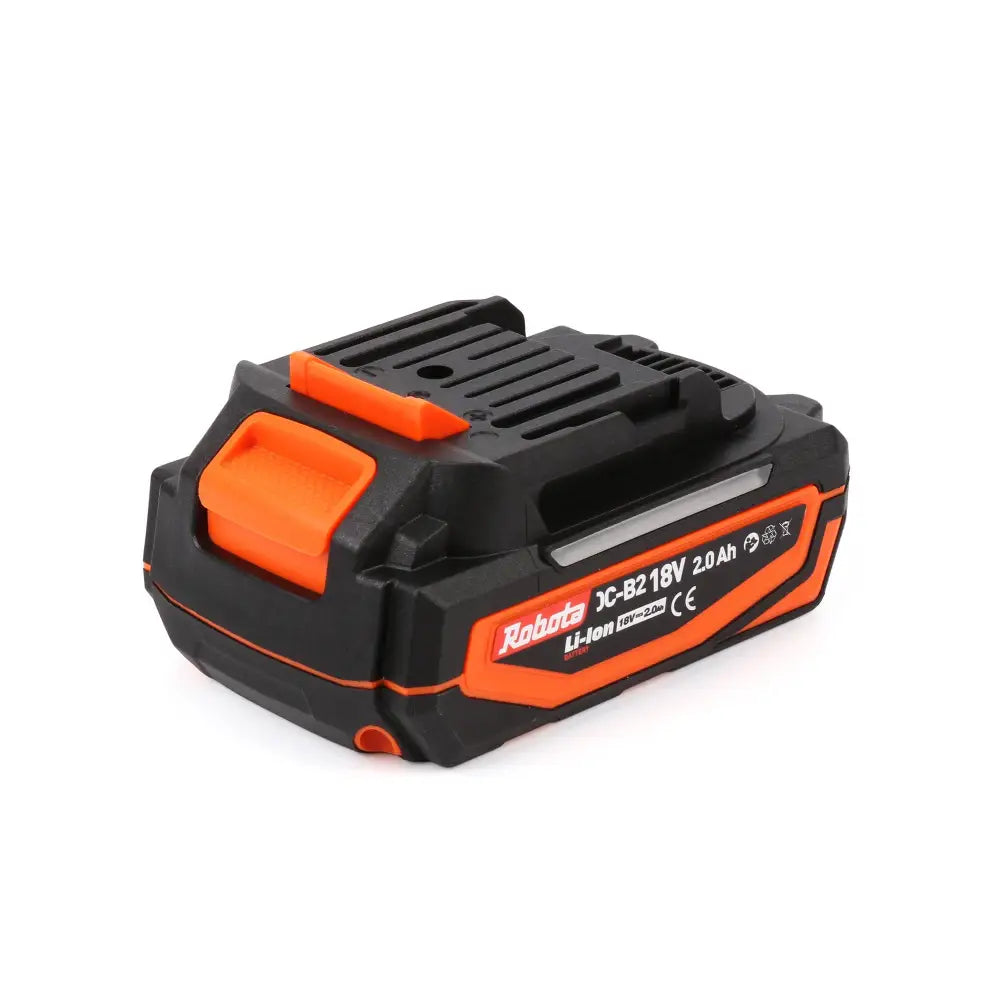 Black and orange robota xc-b2 18v lithium-ion battery pack with textured grip surfaces for power tools