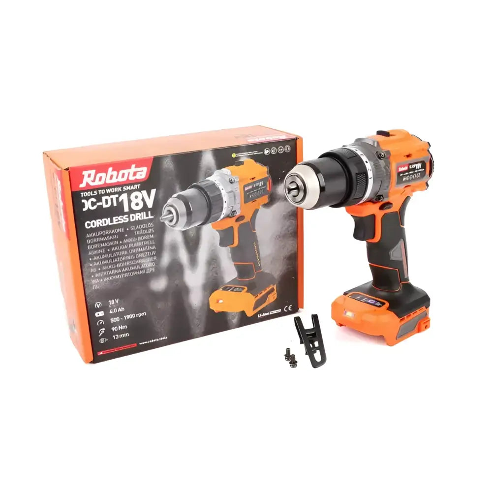 Robota dc-dt18v akkuporakone 13mm runko oranssi ja musta ergonomisilla kahvoilla ja avaimettomalla istukalla