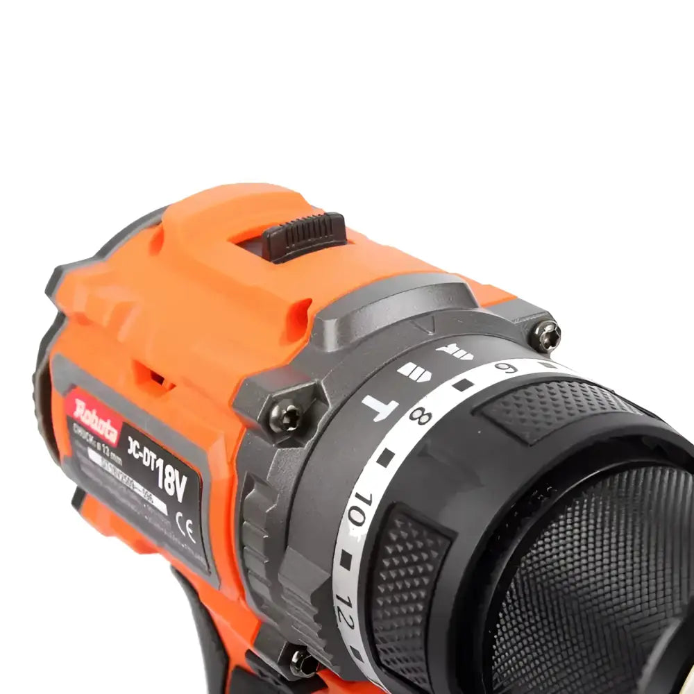 Robota dc-dt18v akkuporakone oranssi mustalla teksturoidulla kahvalla ja 13 mm porakapasiteetilla