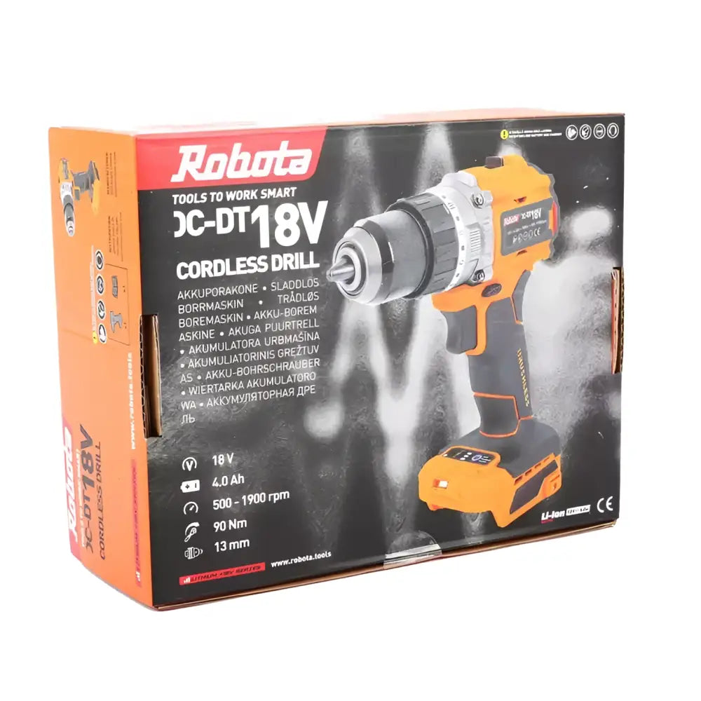 Oranssi ja musta robota dc-dt18v 18v akkuporakone 13mm runko etupuolelta kuvattuna