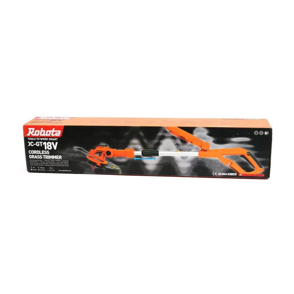 Orange ja musta robota dc-gt18v akkutrimmeri pakkauksessa näkyvällä langattomalla ruohotrimmerillä
