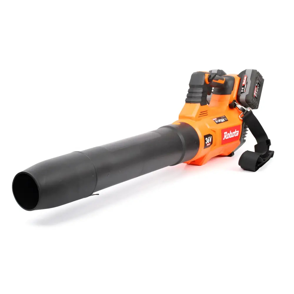 Orange ja must robota dc-lb36v akkulehtipuhallin 36v akulla ja robotec-brändin nimellä runkossa